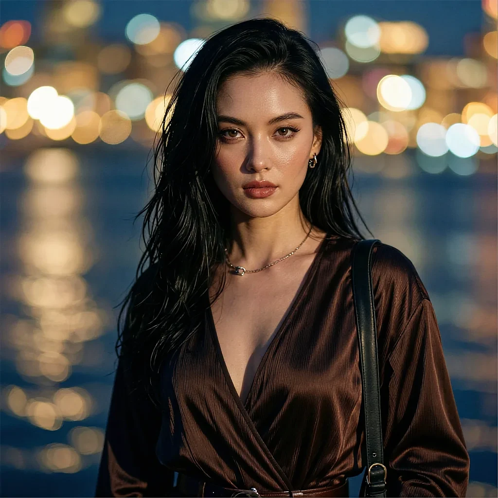 Standby channel avatar: fictional AI character in a brown satin robe against city lights