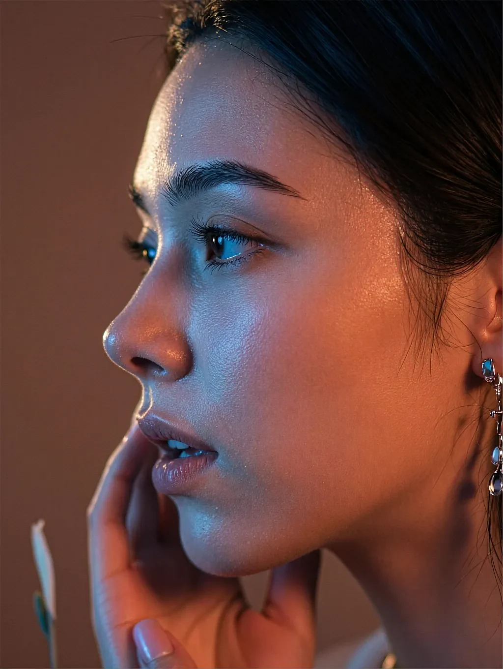 Fictional AI character in profile, face lit warm red against a dark room