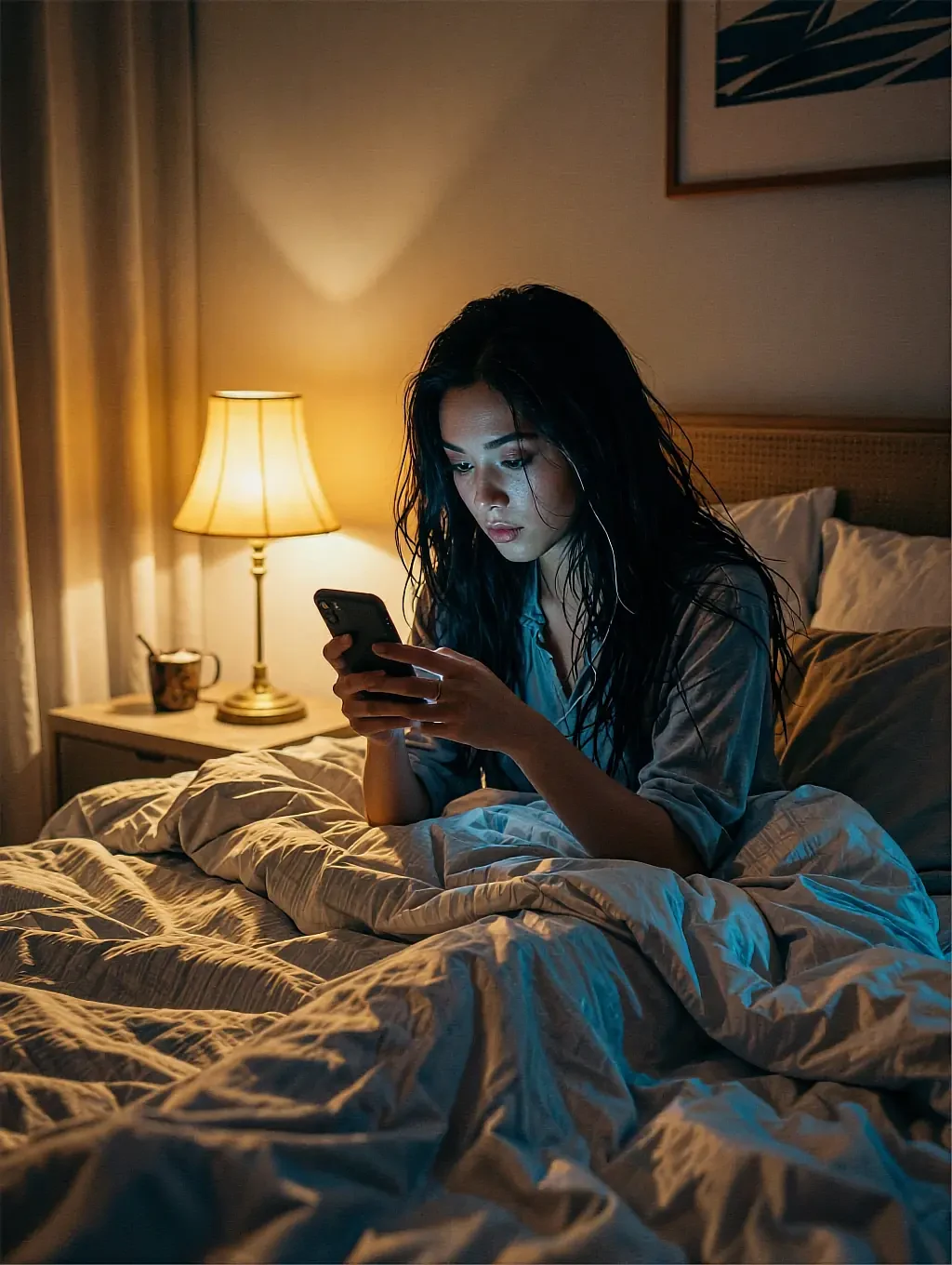 Cass, a fictional AI character, on a bed after midnight with a phone and one lamp lit