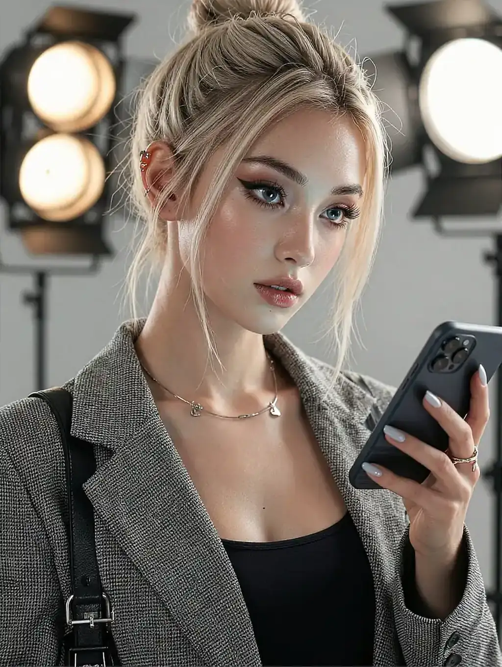 Ilaria, a fictional AI character, in a grey blazer holding a phone under studio lights