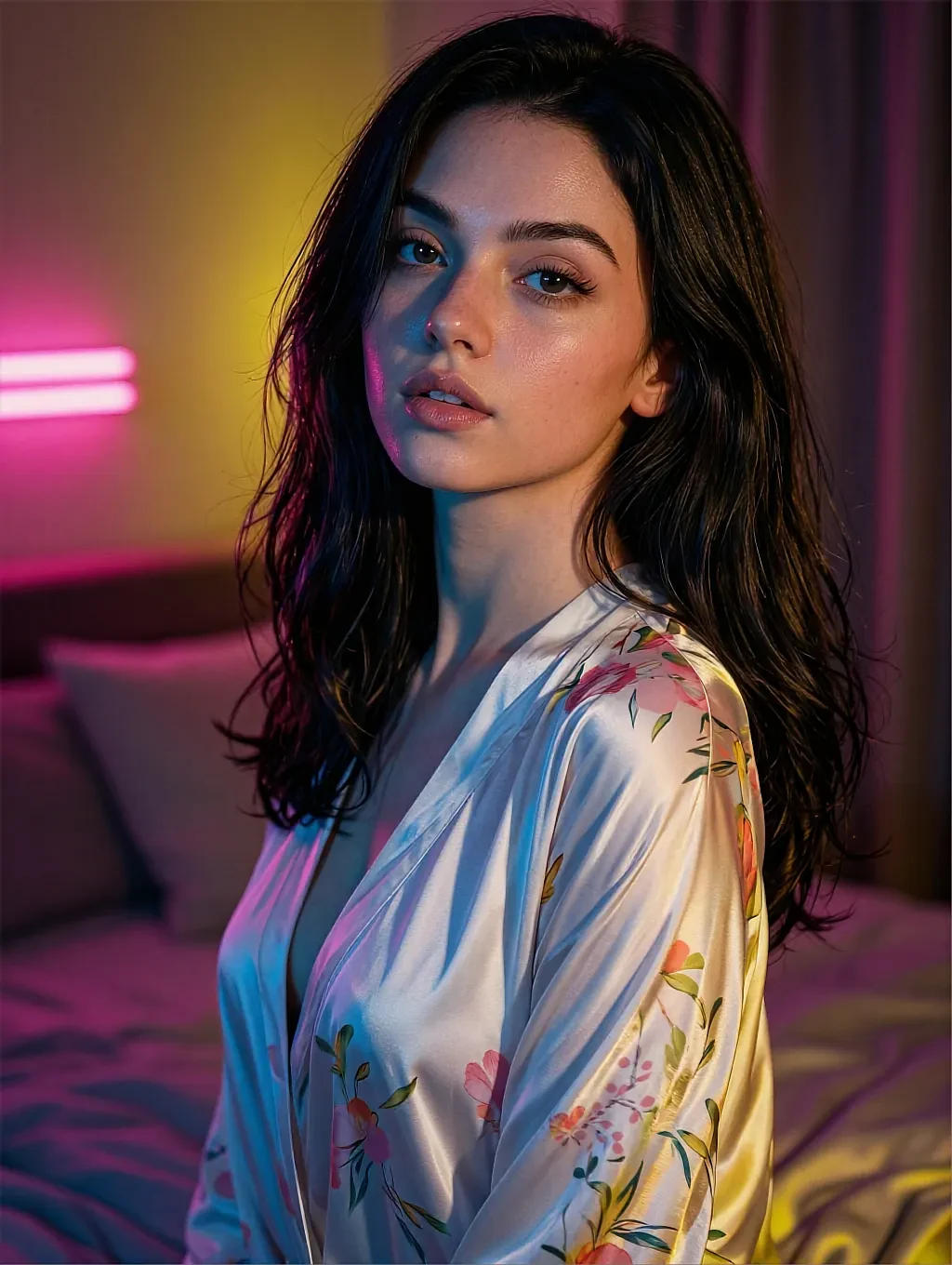Marisol, a fictional AI character, in a floral silk robe in a pink-lit bedroom