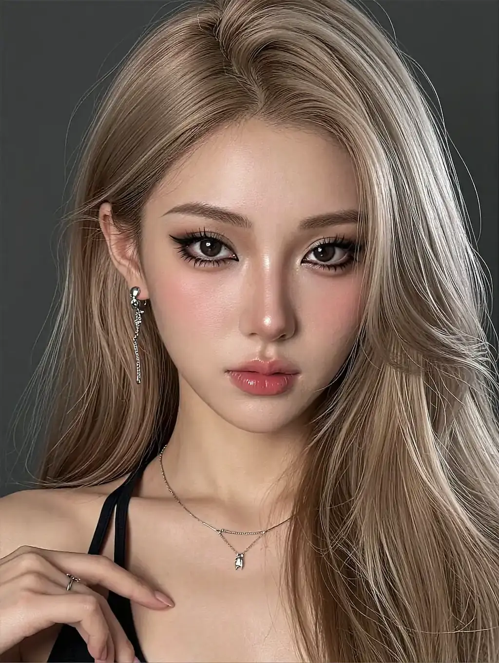 Fictional AI character with long blonde hair in soft studio light, shown on the design your AI girlfriend page