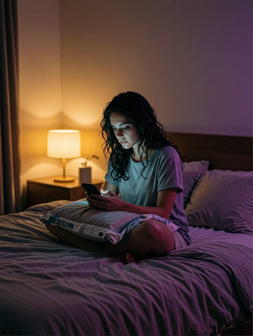 Fictional AI character sitting on a bed with a laptop in a purple-lit room